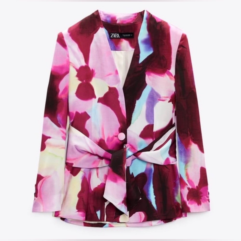 Zara Floral Watercolor Blazer in Pink, Burgundy, Lavender with Tie Belt